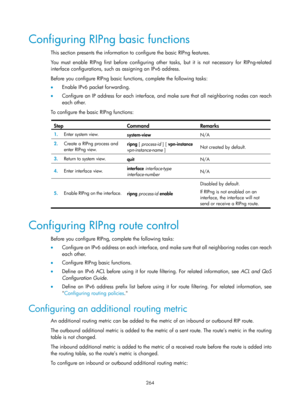 Page 953 264 
Configuring RIPng basic functions 
This section presents the information to configure the basic RIPng features. 
You must enable RIPng first before configuring other tasks, but it is not necessary for RIPng-related 
interface configurations, such as assigning an IPv6 address. 
Before you configure RIPng basic functions, complete the following tasks: 
•  Enable IPv6 packet forwarding. 
•   Configure an IP address for each interface, and make sure that all neighboring nodes can reach 
each other. 
To...