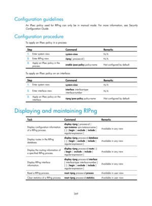 Page 958 269 
Configuration guidelines 
An IPsec policy used for RIPng can only be in manual mode. For more information, see  Security 
Configuration Guide . 
Configuration procedure 
To apply an IPsec policy in a process:  
Step Command Remarks 
1.  Enter system view. 
system-view  N/A 
2.  Enter RIPng view. 
ripng [ process-id ]  N/A 
3.  Apply an IPsec policy in the 
process.  enable ipsec-policy
 policy-name   Not configured by default. 
 
To apply an IPsec policy on an interface:  
Step Command Remarks 
1....