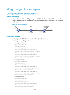 Page 959 270 
RIPng configuration examples 
Configuring RIPng basic functions 
Network requirements 
In Figure 103 , all switches run RIPng. Configure Switch B to filter the route (3::/64) learned from Switch 
C, which means the route will not be added to the routin g table of Switch B, and Switch B will not forward 
it to Switch A. 
Figure 103  Network diagram 
 
 
Configuration procedure 
1. Configure the IPv6 address for each interface. (Details not shown.) 
2. Configure basic RIPng functions: 
# Configure...