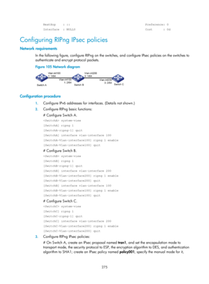 Page 964 275 
NextHop    : ::                                          Preference: 0 
Interface  : NULL0                                       Cost      : 0d \
Configuring RIPng IPsec policies 
Network requirements 
In the following figure, configure RIPng on the switches, and configure IPsec policies on the switches to 
authenticate and encrypt protocol packets.  
Figure 105 Network diagram 
 
 
Configuration procedure 
1. Configure IPv6 addresses for inte rfaces. (Details not shown.) 
2. Configure RIPng basic...