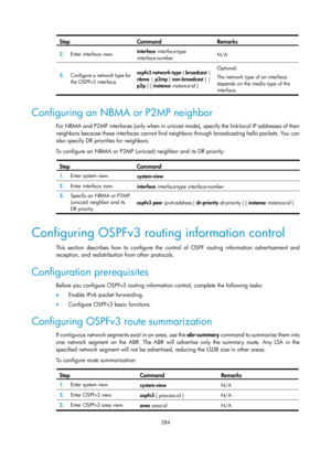 Page 973 284 
Step Command Remarks 
2.  Enter interface view.  interface
 interface-type 
interface-number   N/A 
3.
  Configure a network type for 
the OSPFv3 interface.  ospfv3 network-type {
 broadcast | 
nbma  | p2mp  [ non-broadcast  ] | 
p2p  } [ instance  instance-id  ]  Optional. 
The network type of an interface 
depends on the media type of the 
interface.
 
 
Configuring an NBMA or P2MP neighbor 
For NBMA and P2MP interfaces (only when in unicast  mode), specify the link-local IP addresses of their...