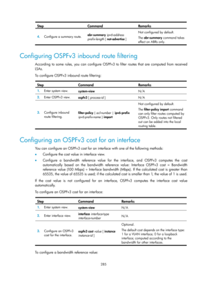 Page 974 285 
Step Command Remarks 
4.  Configure a summary route.  abr-summary
 ipv6-address 
prefix-length [ not-advertise  ] Not configured by default. 
The 
abr-summary  command takes 
effect on ABRs only. 
 
Configuring OSPFv3 inbound route filtering 
According to some rules, you can configure OSPFv3 to filter routes that are computed from received 
LSAs. 
To configure OSPFv3 inbound route filtering: 
 
Step Command Remarks 
1.   Enter system view. 
system-view  N/A 
2.  Enter OSPFv3 view.  
ospfv3  [...