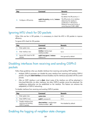 Page 978 289 
Step Command Remarks 
3.  Configure a DR priority.  ospfv3 dr-priority
 priority  [ instance 
instance-id  ]   Optional. 
By default, the DR priority is 1. 
The DR priority of an interface 
determines the interface’s 
qualification in DR election. 
Interfaces having the priority 0 
cannot become a DR or BDR. 
 
Ignoring MTU check for DD packets 
When LSAs are few in DD packets, it is unnecessary to check the MTU in DD packets to improve 
efficiency. 
To ignore MTU check for DD packets: 
 
Step...