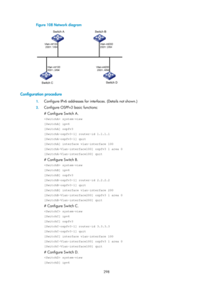 Page 987 298 
Figure 108 Network diagram 
 
 
Configuration procedure 
1. Configure IPv6 addresses for inte rfaces. (Details not shown.) 
2. Configure OSPFv3 basic functions: 
# Configure Switch A. 
 system-view 
[SwitchA] ipv6 
[SwitchA] ospfv3 
[SwitchA-ospfv3-1] router-id 1.1.1.1 
[SwitchA-ospfv3-1] quit 
[SwitchA] interface vlan-interface 100 
[SwitchA-Vlan-interface100] ospfv3 1 area 0 
[SwitchA-Vlan-interface100] quit 
# Configure Switch B. 
 system-view 
[SwitchB] ipv6 
[SwitchB] ospfv3...