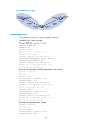 Page 990 301 
Figure 109 Network diagram 
 
 
Configuration procedure 
1. Configure IPv6 addresses for inte rfaces. (Details not shown.) 
2. Configure OSPFv3 basic functions: 
# Enable OSPFv3 process 1 on Switch A. 
 system-view 
[SwitchA] ipv6 
[SwitchA] ospfv3 1 
[SwitchA-ospfv3-1] router-id 1.1.1.1 
[SwitchA-ospfv3-1] quit 
[SwitchA] interface vlan-interface 100 
[SwitchA-Vlan-interface100] ospfv3 1 area 2 
[SwitchA-Vlan-interface100] quit 
[SwitchA] interface vlan-interface 200 
[SwitchA-Vlan-interface200]...