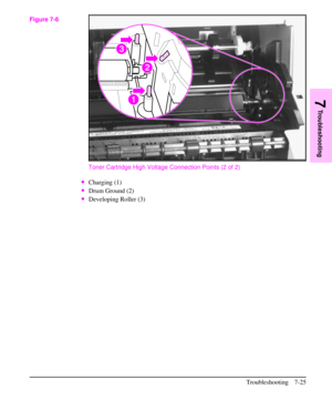 Page 146Toner Cartridge High Voltage Connection Points (2 of 2)
·Charging (1)
·Drum Ground (2)
·Developing Roller (3)
Figure 7-6
7
Troubleshooting
Troubleshooting 7-25 