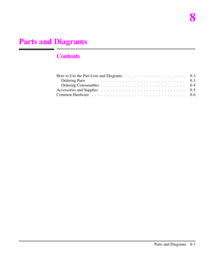 Page 1548
Parts and Diagrams
Contents
How to Use the Part Lists and Diagrams . .  . .  . .  . .  . .  . .  . .  . .  . .  . . 8-3
Ordering Parts . .  . .  . .  . .  . .  . .  . .  . .  . .  . .  . .  . .  . .  . .  . .  . . 8-3
Ordering Consumables . .  . .  . .  . .  . .  . .  . .  . .  . .  . .  . .  . .  . .  . . 8-4
Accessories and Supplies . .  . .  . .  . .  . .  . .  . .  . .  . .  . .  . .  . .  . .  . . 8-5
Common Hardware .  . .  . .  . .  . .  . .  . .  . .  . .  . .  . .  . .  . .  . .  . .  . . 8-6...