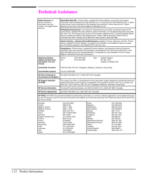 Page 21Technical Assistance
Online Services:for
24-hour access to
information over your
modem, we suggest these
services.World Wide Web URL—Printer drivers, updated HP printer software, and product and support
information may be obtained from http://www.hp.com, or in Europe from http://www2.hp.com. In Japan
printer drivers may be obtained from ftp://www.jpn.hp.com/drivers/. Korea: www.hp.co.kr. Taiwan:
www.hp.com.tw, with a local driver website of www.dds.com.tw.
HP Bulletin Board Service—Our electronic...