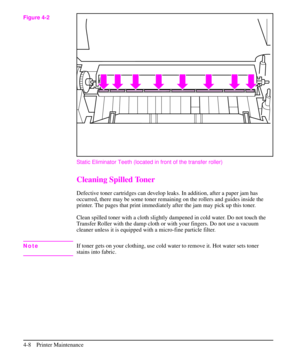 Page 51Static Eliminator Teeth (located in front of the transfer roller)
Cleaning Spilled Toner
Defective toner cartridges can develop leaks. In addition, after a paper jam has
occurred, there may be some toner remaining on the rollers and guides inside the
printer. The pages that print immediately after the jam may pick up this toner.
Clean spilled toner with a cloth slightly dampened in cold water. Do not touch the
Transfer Roller with the damp cloth or with your fingers. Do not use a vacuum
cleaner unless it...