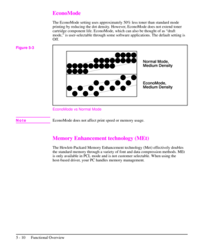 Page 61EconoMode
The EconoMode setting uses approximately 50% less toner than standard mode
printing by reducing the dot density. However, EconoMode does not extend toner
cartridge component life. EconoMode, which can also be thought of as “draft
mode,” is user-selectable through some software applications. The default setting is
Off.
EconoMode vs Normal Mode
NoteEconoMode does not affect print speed or memory usage.
Memory Enhancement technology (MEt)
The Hewlett-Packard Memory Enhancement technology (Met)...