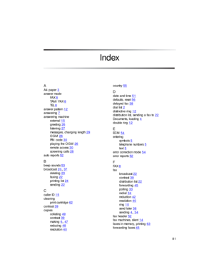 Page 9581
Index
A
A4 paper3
answer mode
FAX
8
TAM/FAX8
TEL8
answer pattern12
answering7
answering machine
external
15
greeting26
listening27
messages, changing length29
OGM26
PIN code30
playing the OGM26
remote access30
screening calls28
auto reports52
B
beep sounds53
broadcast2037
deleting23
faxing22
printing list24
sending22
C
caller ID15
cleaning
print cartridge
62
contrast39
copies
collating
49
contrast39
making647
reducing48
resolution40
country55
D
date and time51...