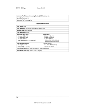 Page 382/3/99    2:00  pm Catapult (US)
.........................................................................................................................................
34
HP Company Confidential
Copying specifications
Automatic Fax/Telephone Answering Machine (TAM) Switching: 
Ye s
Speed Dial Numbers: 
100
Automatic Fax Forwarding: 
Ye s
Copy Speed: 
1 mpp
Copy Resolution: 
300 dpi: 8 bit grayscale (256 levels of gray)
Multiple Copies: 
up to 99 copies
Copy Reduction: 
50-100%
Paper Sizes (Rear...