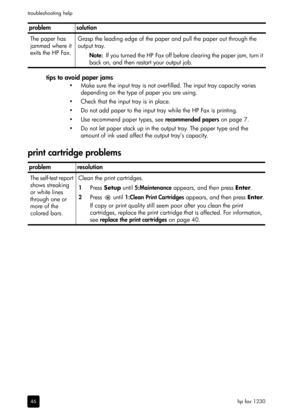Page 52hp fax 1230 troubleshooting help
46
tips to avoid paper jams 
• Make sure the input tray is not overfilled. The input tray capacity varies 
depending on the type of paper you are using. 
• Check that the input tray is in place. 
• Do not add paper to the input tray while the HP Fax is printing. 
• Use recommend paper types, see recommended papers on page 7.
• Do not let paper stack up in the output tray. The paper type and the 
amount of ink used affect the output tray’s capacity.
print cartridge...