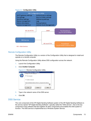 Page 21Figure 2-2  Configuration Utility
Remote Configuration Utility
The Remote Configuration Utility is a version of the Configuration Utility that is designed to install and
operate on a remote computer.
Using the Remote Configuration Utility allows DSS configuration across the network.
1.Launch the Configuration Utility.
2.Click Another Computer.
Figure 2-3  Remote Configuration Utility
3.Type in the network name of the DSS server.
4.Click OK.
DSS Service
The core component of the HP Digital Sending...
