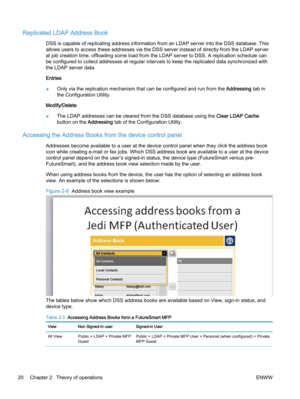 Page 28Replicated LDAP Address Book
DSS is capable of replicating address information from an LDAP server into the DSS database. This
allows users to access these addresses via the DSS server instead of directly from the LDAP server
at job creation time, offloading some load from the LDAP server to DSS. A replication schedule can
be configured to collect addresses at regular intervals to keep the replicated data synchronized with
the LDAP server data.
Entries
●Only via the replication mechanism that can be...