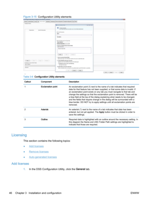 Page 54Figure 3-15  Configuration Utility elements
Table 3-6  Configuration Utility elements
Callout Component Description
1Exclamation pointAn exclamation point (!) next to the name of a tab indicates that required
data for that feature has not been supplied, or that some data is invalid. If
an exclamation point exists on any tab you must navigate to that tab and
change the settings so that the exclamation point is removed. There will be
a blue field at the top of the dialog explaining what needs to be...