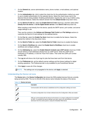 Page 634.On the General tab, server administrators name, phone number, e-mail address, and optional
location.
5.On the Authentication tab, click to select the check box for the authentication method you want
to use to enable authentication for the selected device. Select the check boxes next to the
features that are being enabled. Enabling authentication requires the user to log in before using
the selected features. Select the network domain from the Default Domain drop-down menu.
6.On the Send to E‑mail tab,...