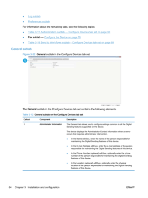 Page 72●Log subtab
●
Preferences subtab
For information about the remaining tabs, see the following topics:
●
Table 3-11 Authentication subtab — Configure Devices tab set on page 63
●Fax subtab — 
Configure the Device on page 78
●
Table 3-18 Send to Workflows subtab – Configure Devices tab set on page 89
General subtab
Figure 3-32  General subtab in the Configure Devices tab set
1
The General subtab in the Configure Devices tab set contains the following elements.
Table 3-12  General subtab on the Configure...