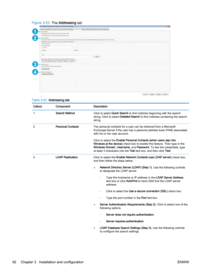 Page 100Figure 3-53  The Addressing tab
1
2
3
4
Table 3-20  Addressing tab
Callout Component Description
1Search MethodClick to select Quick Search to find matches beginning with the search
string. Click to select Detailed Search to find matches containing the search
string.
2Personal ContactsThe personal contacts for a user can be retrieved from a Microsoft
Exchange Server if the user has a personal address book (PAB) associated
with his or her user account.
Click to select the Enable Personal Contacts (when...