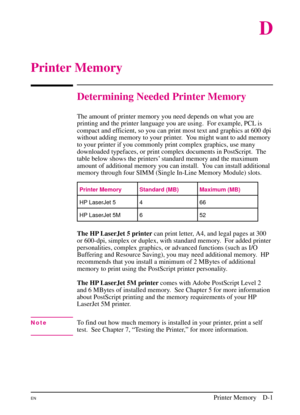 Page 177
D
Printer Memory
Determining Needed Printer Memory
The amount of printer memory you need depends on what you are
printing and the printer language you are using. For example, PCL is
compact and efficient, so you can print most text and graphics at 600 dpi
without adding memory to your printer. You might want to add memory
to your printer if you commonly print complex graphics, use many
downloaded typefaces, or print complex documents in PostScript. The
table below shows the printers’ standard memory and...