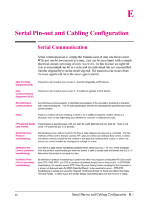 Page 189
E
Serial Pin-out and Cabling Configuration
Serial Communication
Serial communication is simply the transmission of data one bit at a time.
With just one bit to transmit at a time, data can be transferred with a simple
electrical circuit consisting of only two wires. In this fashion an eight bit
byte is transmitted one bit at a time and the individual bits are reassembled
into the original byte on the receiving end. Bit transmission occurs from
the least significant bit to the most significant bit.
Data...