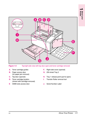 Page 21
A.Toner cartridge guides F.Right side cover (opened)
B. Paper access door
(for paper jam removal) G.
250-sheet Tray 2
C. Top door (opened) H.Tray 1 release point (pull to open)
D. Toner cartridge location
(shown with cartridge removed) I.
Transfer Roller removal tool
E SIMM slots access door J.Serial Number Label
Figure 1-4 Top/right side view with top door open and toner cartridge removed
1
About your
Printer
1
About your
Printer
ENAbout Your Printer 1-9 