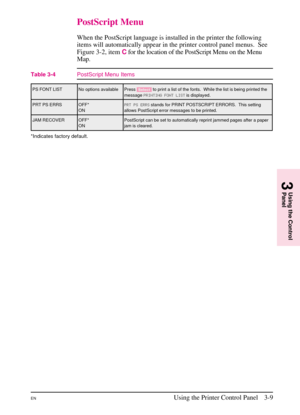 Page 41
PostScript Menu
When the PostScript language is installed in the printer the following
items will automatically appear in the printer control panel menus. See
Figure 3-2, itemCfor the location of the PostScript Menu on the Menu
Map.
PS FONT LIST No options available Press [Select]to print a list of the fonts. While the list is being printed the
message P\fINTING\bFONT\bLIST is displayed.
PRT PS ERRS OFF* ONP\fT\bPS\bE\f\fS
stands for PRINT POSTSCRIPT ERRORS. This setting
allows PostScript error messages...