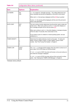 Page 44
Item Options Explanation
CLR WARN ON*JOBCL\f\bWA\fN
stands for “clearable warnings.” This setting determines how
long a clearable warning will be displayed on the printer control panel.
When set to ON, the warning is displayed until the [Go]key is pushed.
If set to JOB, the warning will be displayed until the end of the print job in
which it was generated.
AUTO CONT OFF* ONThe auto continue function determines how the printer reacts to data and
printer errors. When auto continue is set to
OFF, the...