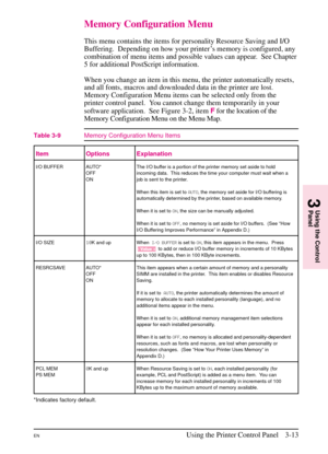 Page 45
Memory Configuration Menu
This menu contains the items for personality Resource Saving and I/O
Buffering.  Depending on how your printer ’s memory is configured, any
combination of menu items and possible values can appear. See Chapter
5 for additional PostScript information.
When you change an item in this menu, the printer automatically resets,
and all fonts, macros and downloaded data in the printer are lost.
Memory Configuration Menu items can be selected only from the
printer control panel.  You...