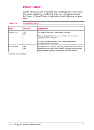 Page 46
Parallel Menu
Parallel Menu items can be selected only from the printer control panel.
You cannot change or override them from your software application.
See Figure 3-2, itemGfor the location of the Parallel Menu on the Menu
Map.
Item Options Explanation
HIGH SPEED YES*
NO The speed at which data is transmitted to the printer.
YES
sets the parallel interface to run at a higher data rate which is
supported by newer computers.
NO sets the parallel interface to run at a slower speed which is
compatible...