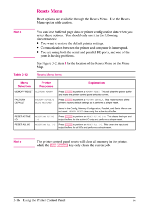 Page 48
Resets Menu
Reset options are available through the Resets Menu.  Use the Resets
Menu option with caution.
NoteYou can lose buffered page data or printer configuration data when you
select these options.  You should only use it in the following
circumstances:
•You want to restore the default printer settings.
•Communication between the printer and computer is interrupted.
•You are using both the serial and parallel I/O ports, and one of the
ports is having problems.
See Figure 3-2, itemIfor the location...