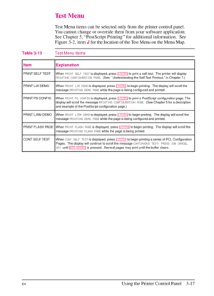 Page 49
Test Menu
Test Menu items can be selected only from the printer control panel.
You cannot change or override them from your software application.
See Chapter 5, “PostScript Printing’’ for additional information.  See
Figure 3-2, itemJfor the location of the Test Menu on the Menu Map.
Item Explanation
PRINT SELF TEST When P\fINT\bSELF\bTESTis displayed, press [Select]to print a self test. The printer will display
P\fINTING\bCONFIGU\fATI\DON\bPAGE . (See ``Understanding the Self Test Printout,’’ in...