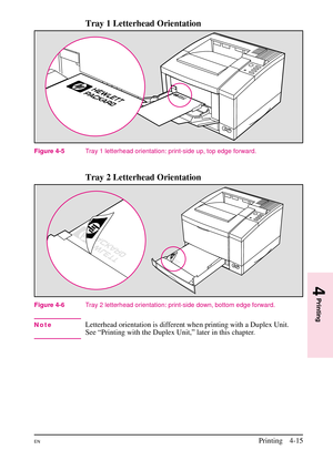 Page 65
Tray 1 Letterhead Orientation
Tray 2 Letterhead Orientation
NoteLetterhead orientation is different when printing with a Duplex Unit.
See “Printing with the Duplex Unit,” later in this chapter.
Figure 4-5Tray 1 letterhead orientation: print-side up, top edge forward.
Figure 4-6Tray 2 letterhead orientation: print-side down, bottom edge forward.
4
Printing
ENPrinting 4-15 