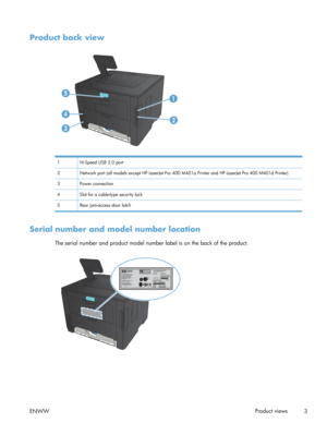 Page 15Product back view
1 Hi-Speed USB 2.0 port
2 Network port (all models except HP LaserJet Pro 400 M401a Printer and HP LaserJet Pro 400 M401d Printer)
3 Power connection
4 Slot for a cable-type security lock
5 Rear jam-access door latch
Serial number and model number location
The serial number and product model number label is on the back of the product.
ENWW Product views
3 