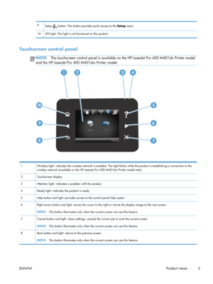 Page 179Setup  button: This button prov ides quick access to the  Setup menu.
10 LED light: This light is not functional on this product.
Touchscreen control panel
NOTE: The touchscreen control panel is available on the HP LaserJet Pro 400 M401dn Printer model
and the HP LaserJet Pro  400 M401dw Printer model.
1Wireless light: indicates the wireless network is enabled. The li ght blinks while the product is establishing a connection to the
wireless network (available on the HP LaserJet Pro 400 M401dw Printer...