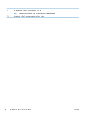 Page 189Left arrow button and light: moves the cursor to the left
NOTE:This button illuminates only when the current screen can use this feature.
10 Home button and light: provides access to the Home screen
6 Chapter 1   Product introduction ENWW 