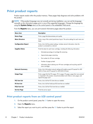 Page 20Print product reports
Product reports reside within the product memory. These pages help diagnose and solve problems with
the product.
NOTE: If the product language was not correctly set  during installation, you can set the language
manually so the information pages print in one of  the supported languages. Change the language by
using the  System Setup  menu on the control panel or the embedded Web server.
From the Reports  menu, you can print several info rmative pages about the product.
Menu item...