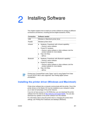 Page 17ENWW2-1
2
Installing Software
This chapter explains how to install your printer software for printing via different 
connections and devices, including personal digital assistants (PDAs).
Installing the printer driver (Windows and Macintosh)
Printer driver software lets a computer communicate with the printer. One of the 
printer drivers on the Starter CD must be installed on your computer to allow 
you to take full advantage of the printer features.
If you do not have access to a CD-ROM drive, you can...