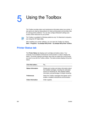 Page 385-1ENWW
5
Using the Toolbox
The Toolbox provides status and maintenance information about your printer. It 
also gives you step-by-step guidance for basic printing tasks and provides help 
for solving printer problems. You can also configure Bluetooth settings and 
access online resources for your printer.
After installing your printer software, you can open the Toolbox by clicking
Start > Programs > hp deskjet 450 printer > hp deskjet 450 printer Toolbox.
Printer Status tab
The Printer Status tab...