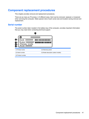 Page 49Component replacement procedures
This chapter provides removal and replacement procedures.
There are as many as 78 screws, in 8 different sizes, that must be removed, replaced, or loosened
when servicing the computer. Make special note of each screw size and location during removal and
replacement.
Serial number
The serial number label, located in the battery bay of the computer, provides important information
that you may need when contacting technical support.
(1) Product name (4) Warranty period
(2)...