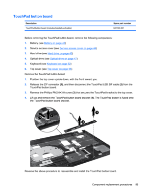 Page 67TouchPad button board
DescriptionSpare part number
TouchPad button board (includes bracket and cable) 641143-001
Before removing the TouchPad button board, remove the following components:
1.Battery (see 
Battery on page 43)
2.Service access cover (see 
Service access cover on page 44)
3.Hard drive (see 
Hard drive on page 45)
4.Optical drive (see 
Optical drive on page 47)
5.Keyboard (see 
Keyboard on page 52)
6.Top cover (see 
Top cover on page 55)
Remove the TouchPad button board:
1.Position the top...