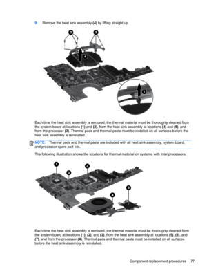 Page 859.Remove the heat sink assembly (4) by lifting straight up.
Each time the heat sink assembly is removed, the thermal material must be thoroughly cleaned from
the system board at locations (1) and (2), from the heat sink assembly at locations (4) and (5), and
from the processor (3). Thermal pads and thermal paste must be installed on all surfaces before the
heat sink assembly is reinstalled.
NOTE:Thermal pads and thermal paste are included with all heat sink assembly, system board,
and processor spare...