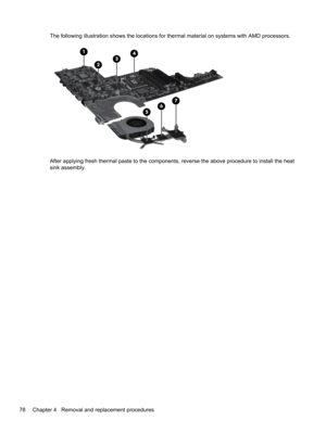 Page 86The following illustration shows the locations for thermal material on systems with AMD processors.
After applying fresh thermal paste to the components, reverse the above procedure to install the heat
sink assembly.
78 Chapter 4   Removal and replacement procedures 