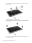 Page 7613.Remove the display hinge covers (2). The display hinge covers are available using spare part
number 641142-001.
Reverse this procedure to install the display hinge covers.
14.To replace the display panel, remove four Phillips 4.0×2.5 screws that secure the display panel
to the display enclosure.
15.Tilt the display (1) up, release the tape (2) holding the display cable to the display panel, and
then disconnect the cable (3).
68 Chapter 4   Removal and replacement procedures 