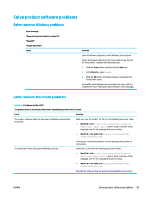 Page 107Solve product software problems
Solve common Windows problems 
Error message:
General Protection FaultException OE
Spool32
Illegal Operation
Cause SolutionClose all software programs, restart Windows, and try again.
Delete all temporary files from the Temp subdirectory. To find
the Temp folder, complete the following steps:
1.Click the Start  button, and then click the  Run item.
2. In the  Open box, type %temp%.
3. Click the OK  button. A Windows Explorer window for the
Temp folder opens.
See the...