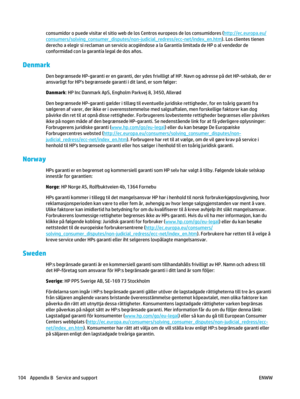 Page 118consumidor o puede visitar el sitio web de los Centros europeos de los consumidores (http://ec.europa.eu/
consumers/solving_consumer_disputes/non-judicial_redress/ecc-net/index_en.htm). Los clientes tienen
derecho a elegir si reclaman un servicio acogiéndose a la Garantía limitada de HP o al vendedor de
conformidad con la garantía legal de dos años.
Denmark
Den begrænsede HP-garanti er en garanti, der ydes frivilligt af HP. Navn og adresse på det HP-selskab, der er
ansvarligt for HPs begrænsede garanti i...