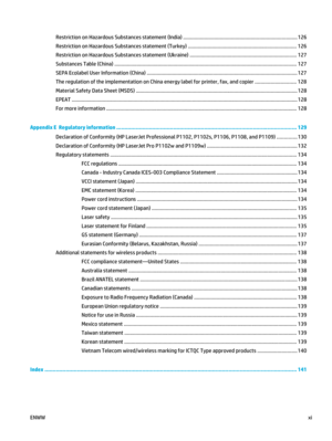 Page 13Restriction on Hazardous Substances statement (India) ................................................................................. 126
Restriction on Hazardous Substances statement (Turkey) ............................................................................. 126
Restriction on Hazardous Substances statement (Ukraine) ....................................................................... ..... 127
Substances Table (China)...