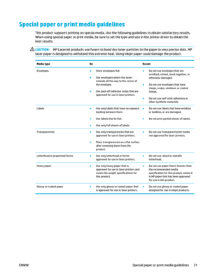 Page 45Special paper or print media guidelines
This product supports printing on special media. Use the following guidelines to obtain satisfactory results.
When using special paper or print media, be sure to set the type and size in the printer driver to obtain the
best results.
CAUTION: HP LaserJet products use fusers to bond dry toner particles to the paper in very precise dots. HP
laser paper is designed to withstand this extreme heat. Using inkjet paper could damage the product.
Media type DoDo not...