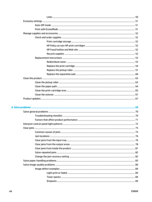 Page 10Links ................................................................................................................................ 50
Economy settings .............................................................................................................. .................................. 51
Auto-Off mode .................................................................................................................................. 51
Print with EconoMode...