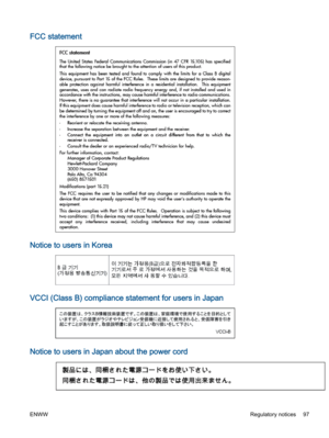 Page 101FCC statement
Notice to users in Korea
VCCI (Class B) compliance statement for users in Japan
Notice to users in Japan about the power cord
ENWWRegulatory notices 97 